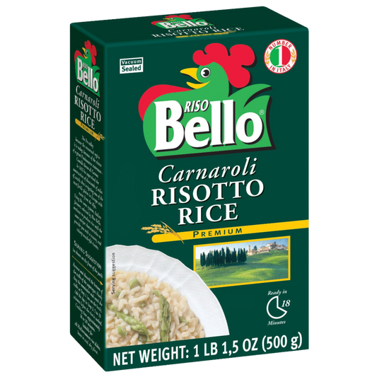 Package of Riso Bello Carnaroli Risotto Rice featuring a green and white box with an image of rice grains and a rooster, indicating the product is gluten-free and GMO-free.