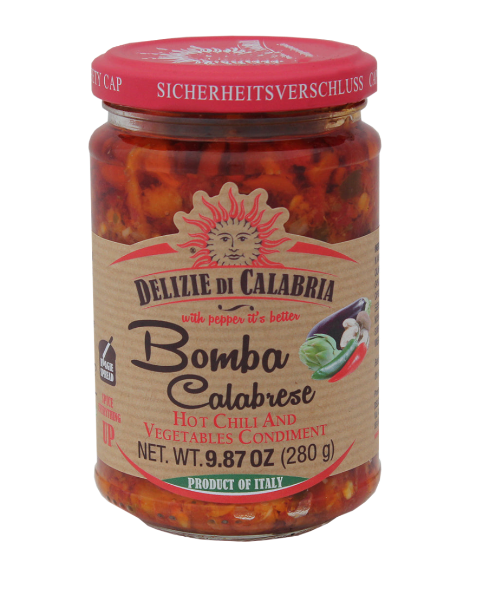 A jar of 'Bomba Calabrese' hot chili and vegetables condiment by Delizie Di Calabria with a red cap on a plain background.