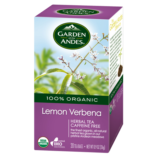 Box of Garden of the Andes Lemon Verbena Herbal Tea with 20 bags. Packaging is predominantly purple with an image of green leaves and a box of tea bags in the foreground.