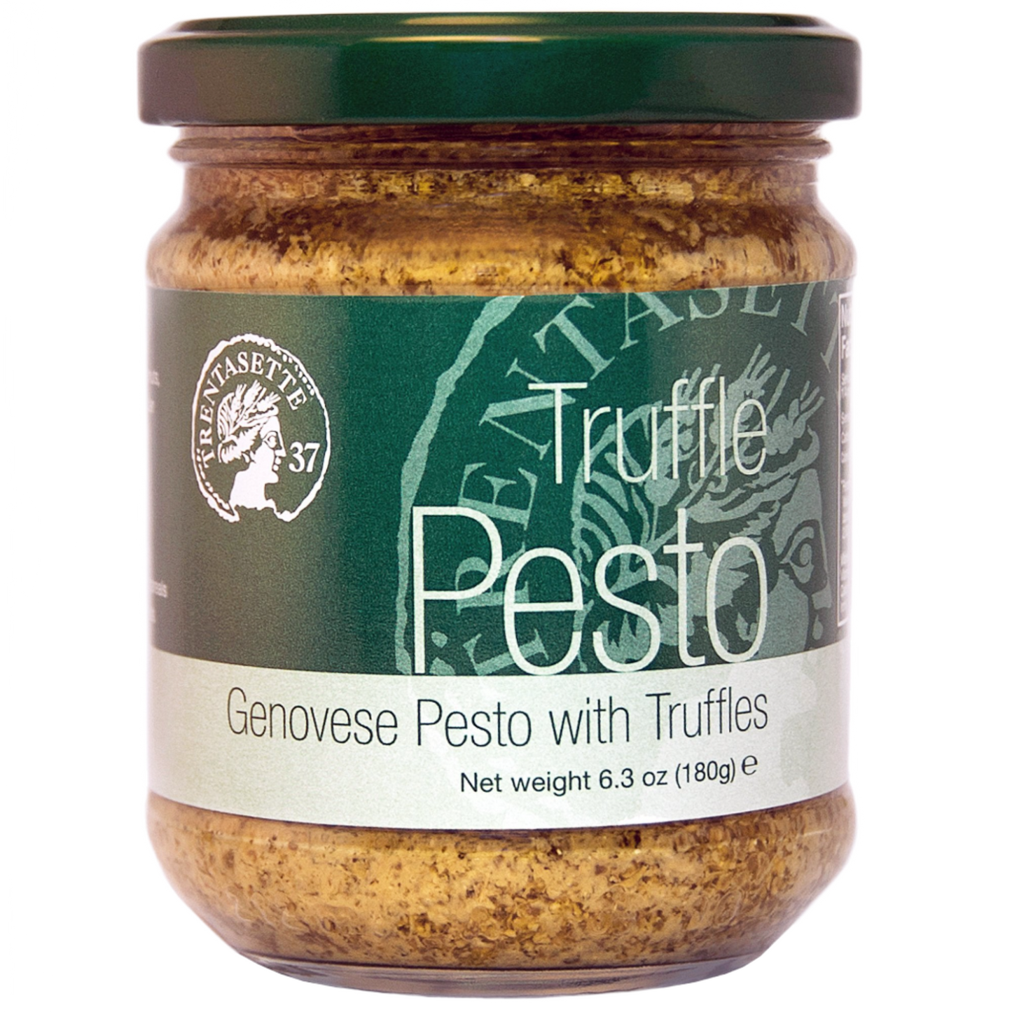A jar of Genovese Pesto with Truffles by Truffaut, displaying the product name and weight of 6.35 oz (180 g) on the label.