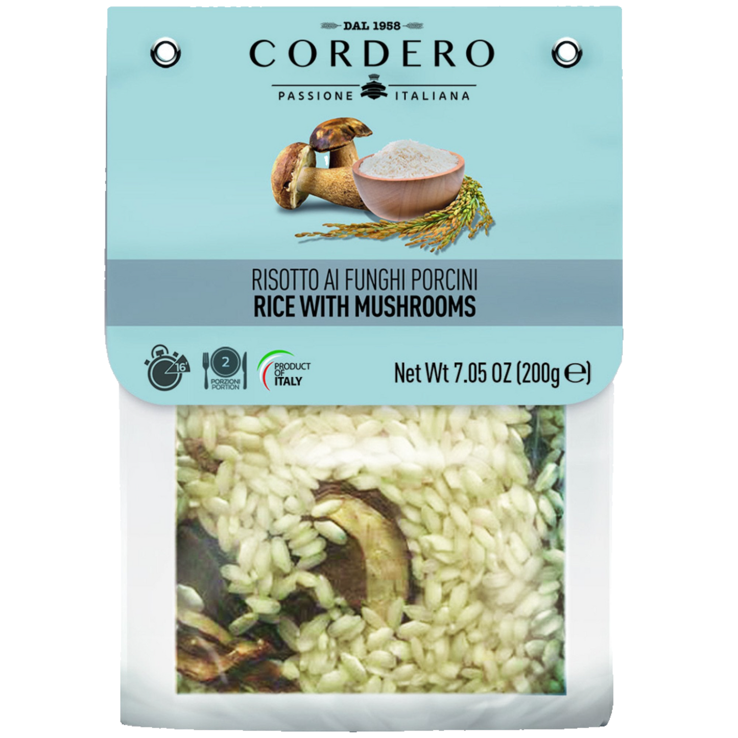 Packaging of Cordero Risotto ai Funghi Porcini with mushrooms, 7.05oz (200gm) size, displayed in a clear plastic wrapping.