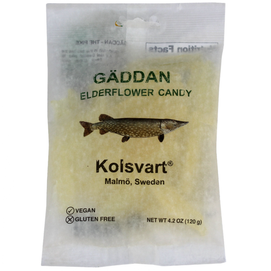Packaging of Kolsvart Elderflower Flavored Pike Fish Candy, with branding and product information displayed.