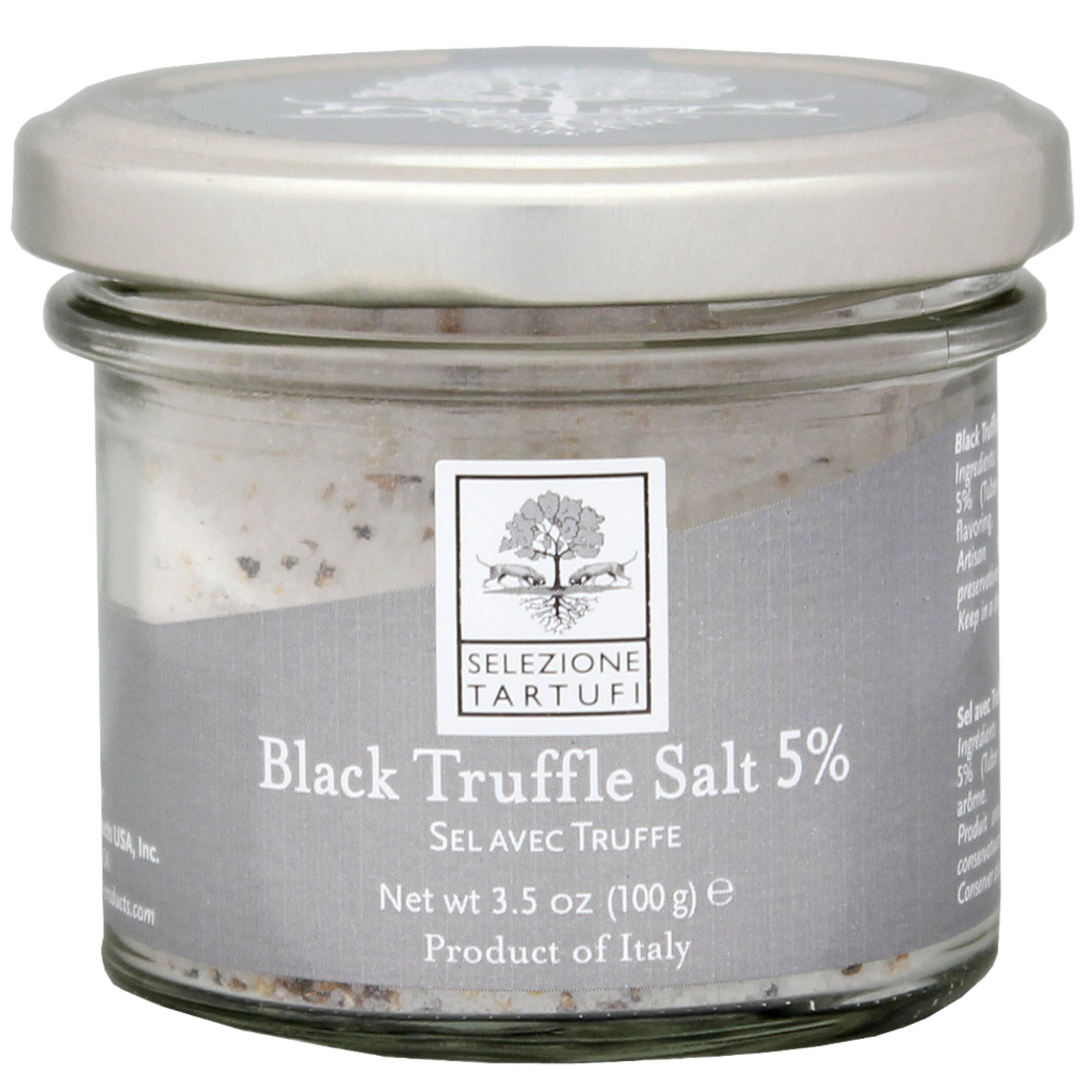 A glass jar containing black truffle salt with a label indicating 'Black Truffle Salt 5% Truffle', product weight of 3.5oz (100gm), and 'Selezione Tartufi' branding.