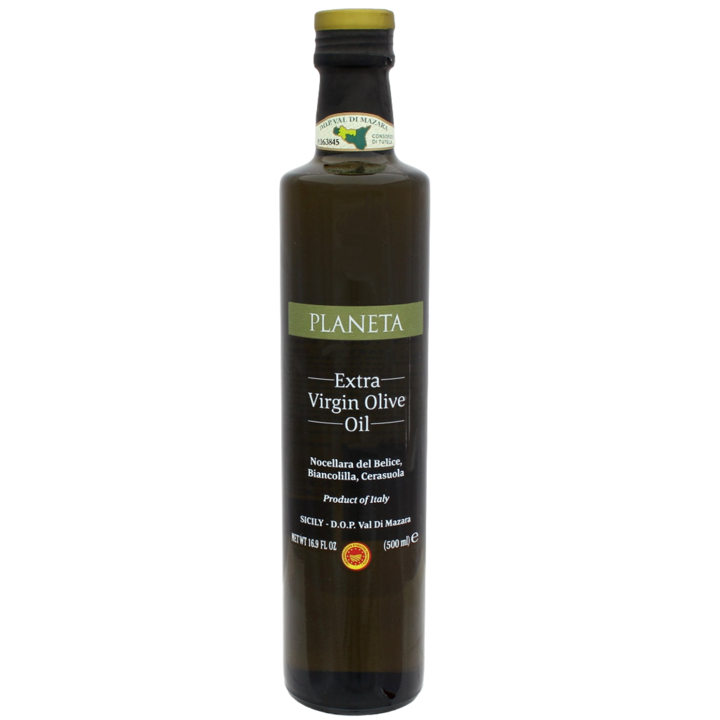 A bottle of Planeta Extra Virgin Olive Oil, DOP Val di Mazara, with a label indicating it is produced in Italy and has a capacity of 500ml.