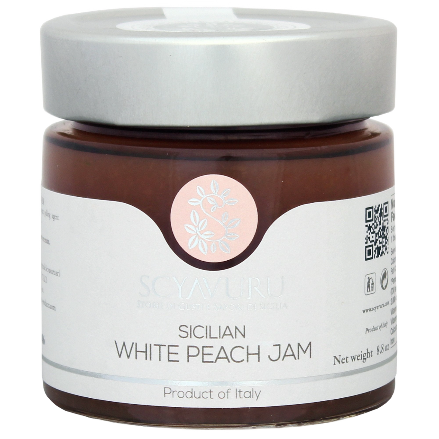 A jar of Scyavuru White Peach Jam with a label indicating it is a product of Italy, net weight 250g.