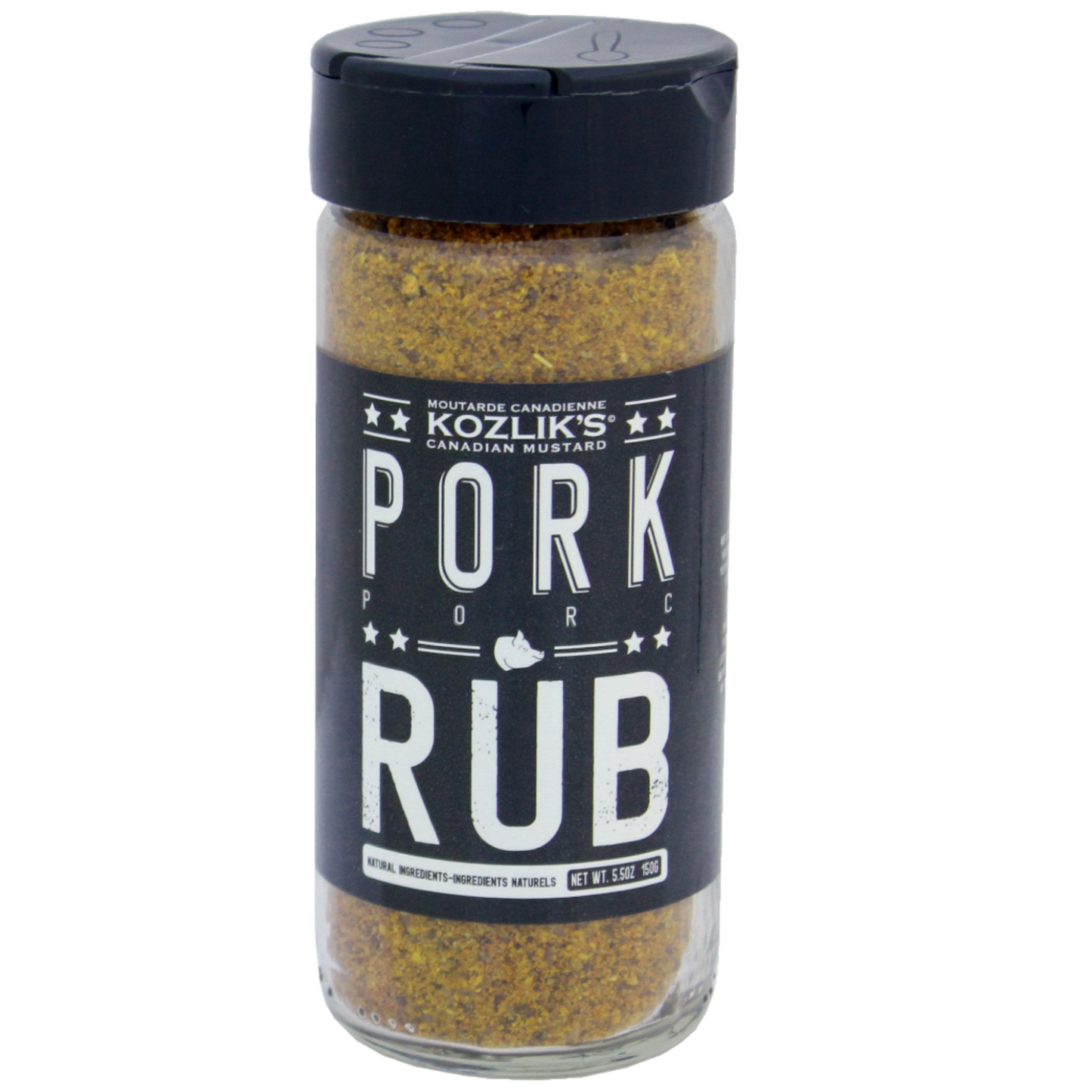 A bottle of Kozlik's Pork Rub seasoning with a black label and a clear view of the yellow-colored rub inside.