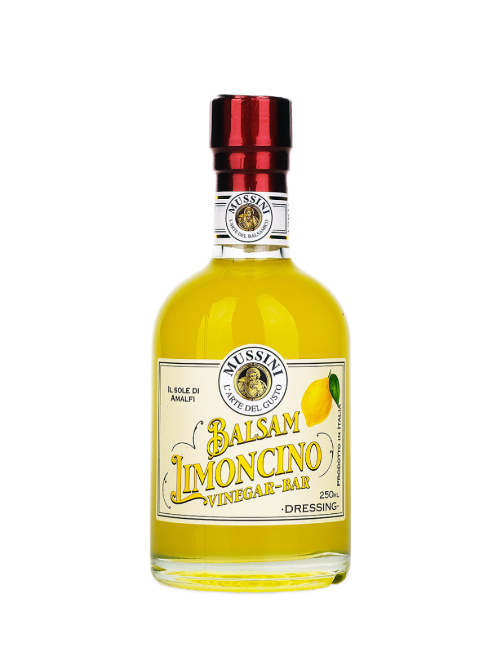 A bottle of Mussini Limoncino Balsamic Vinegar with a yellowish liquid visible through the clear glass. The label indicates it is a 250ml bottle and features the brand name and product title.