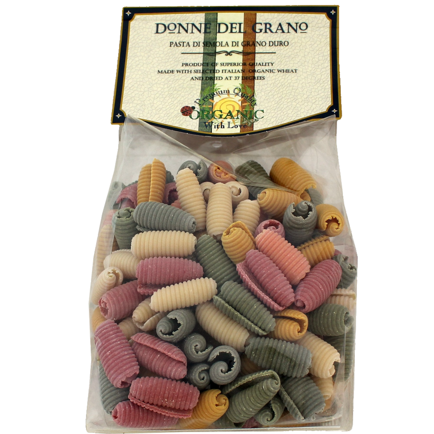 Packaged organic pasta branded as Donne Del Grano, featuring a variety of colored noodles visible through the clear packaging, labeled as 'Paguri' colored pasta.