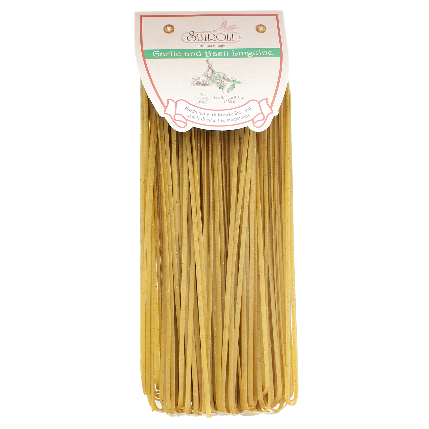 Packaged Sbiroli brand garlic and basil flavored linguine pasta in a clear plastic packaging with the brand and product name visible.