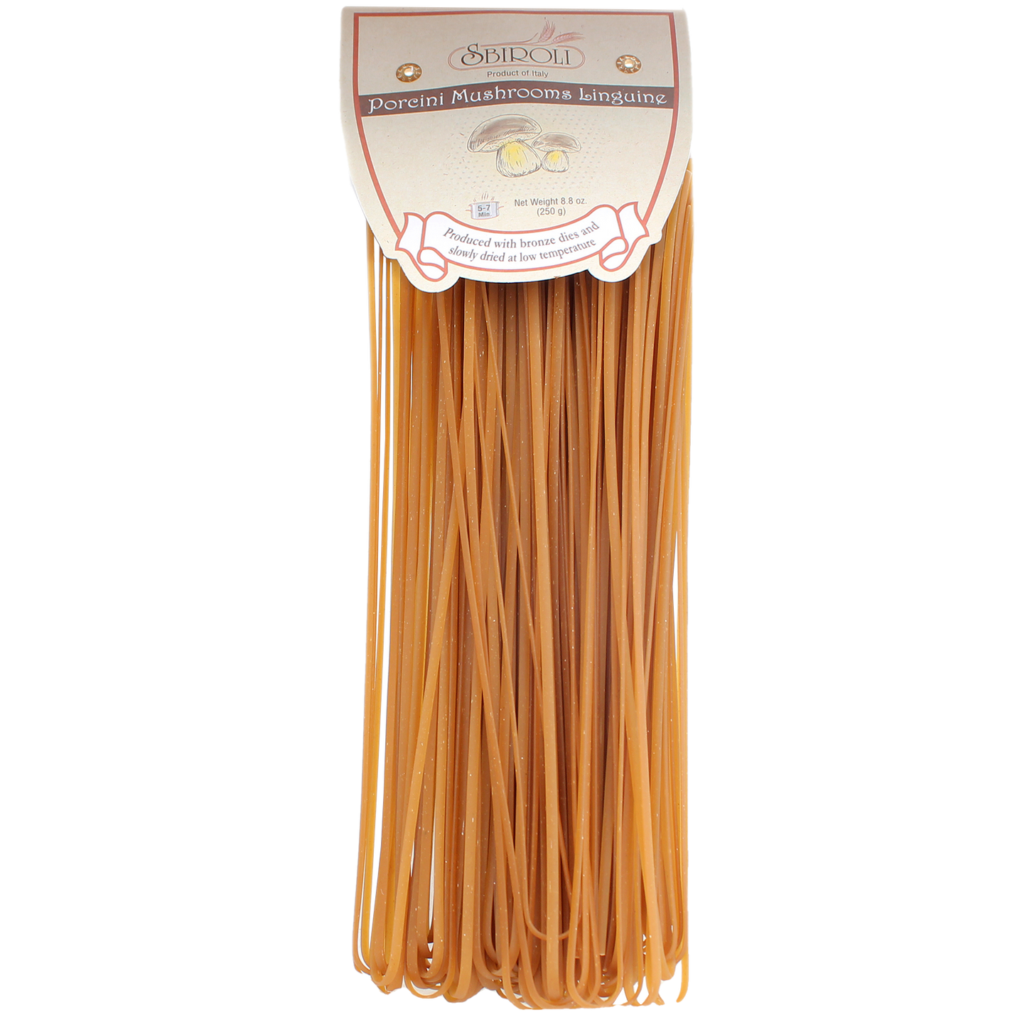 Pack of Sbiroli Porcini Mushroom Linguine Pasta in a clear plastic package, showing the pasta and the brand label.