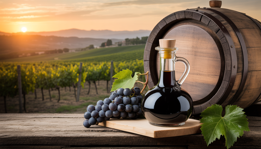 A bottle of aged balsamic vinegar with grapes and a wooden barrel in front of an Italian vineyard at sunset.