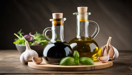 A bottle of balsamic vinegar and garlic-infused olive oil on a wooden table with garlic, basil, and mixed greens.