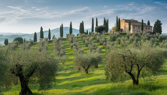 Italian countryside with olive groves and a stone farmhouse, representing the origin of Italian olive oils.