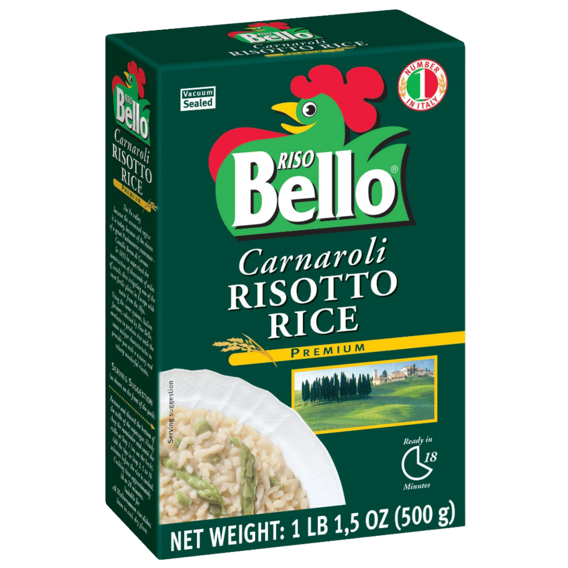 Package of Riso Bello Carnaroli Risotto Rice featuring a green and white box with an image of rice grains and a rooster, indicating the product is gluten-free and GMO-free.