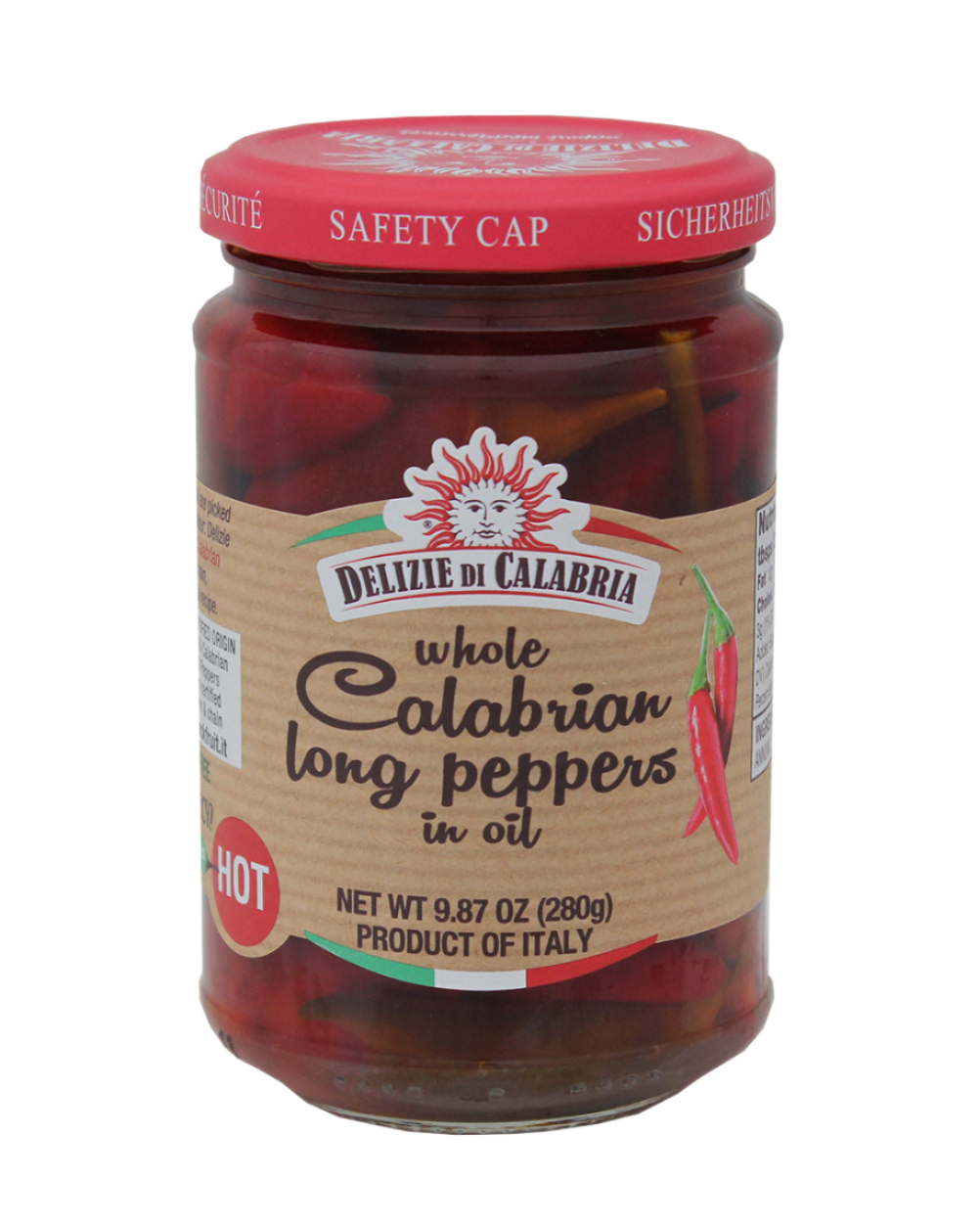 A jar of Delizie Di Calabria Whole Calabrian Long Peppers in oil. 