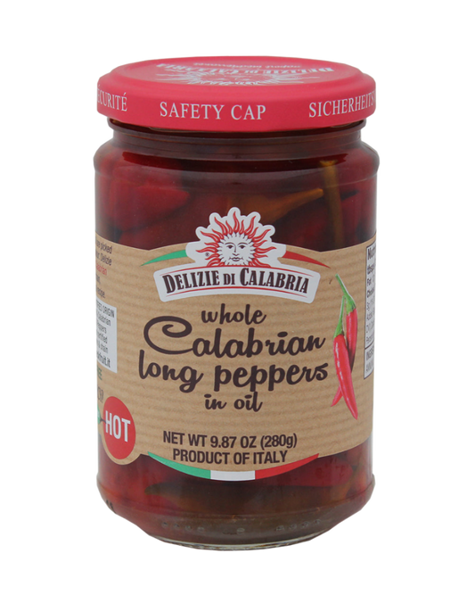 A jar of Delizie Di Calabria Whole Calabrian Long Peppers in oil. 