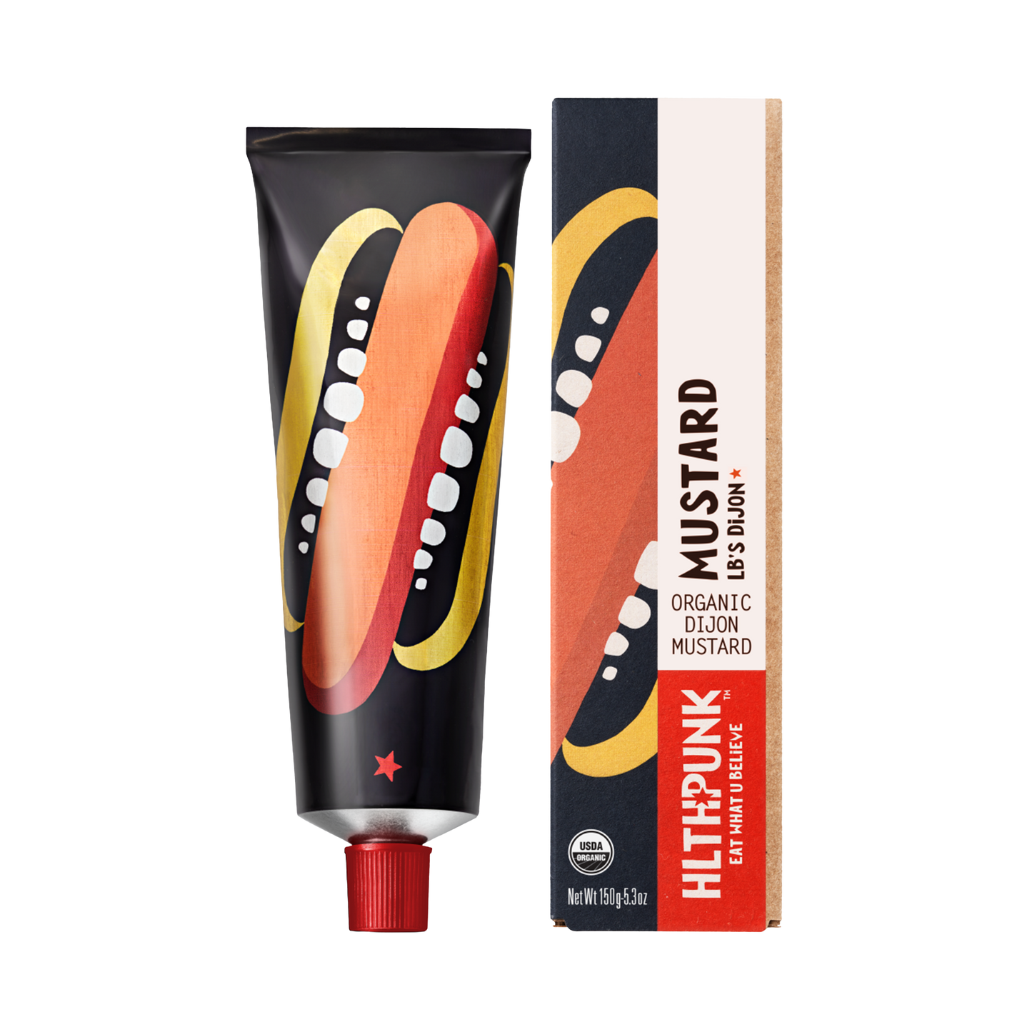 Packaging of Hot Dijon Mustard featuring a tube and a box with branding and mustard illustrations.
