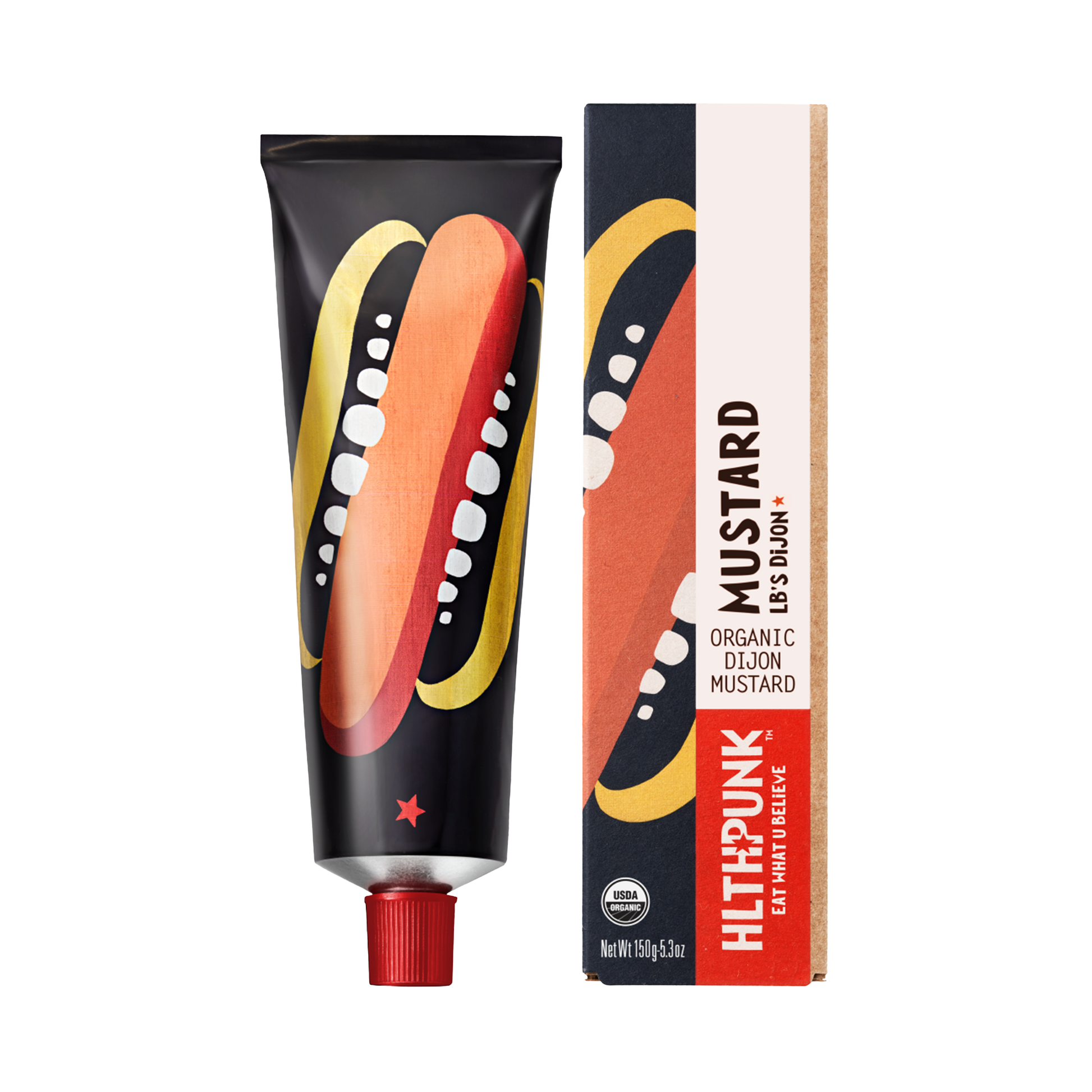 Packaging of Hot Dijon Mustard featuring a tube and a box with branding and mustard illustrations.