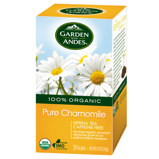Packaging of Garden of the Andes Pure Chamomile Herbal Tea, with a picture of chamomile flowers and organic certification logos.