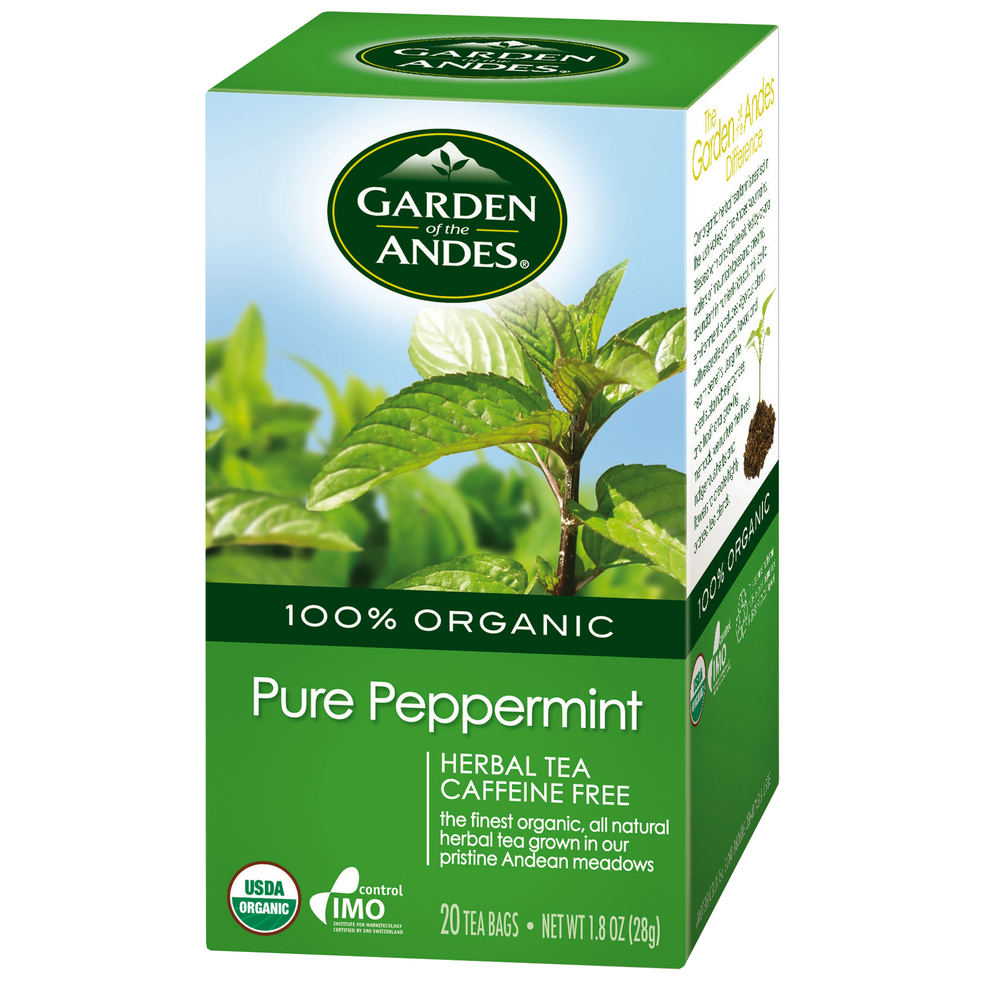 Box of Garden of the Andes Pure Peppermint Herbal Tea, with a green and white design, featuring an image of a peppermint plant and the USDA organic seal.