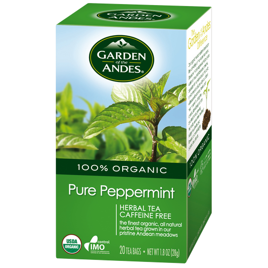 Box of Garden of the Andes Pure Peppermint Herbal Tea, with a green and white design, featuring an image of a peppermint plant and the USDA organic seal.