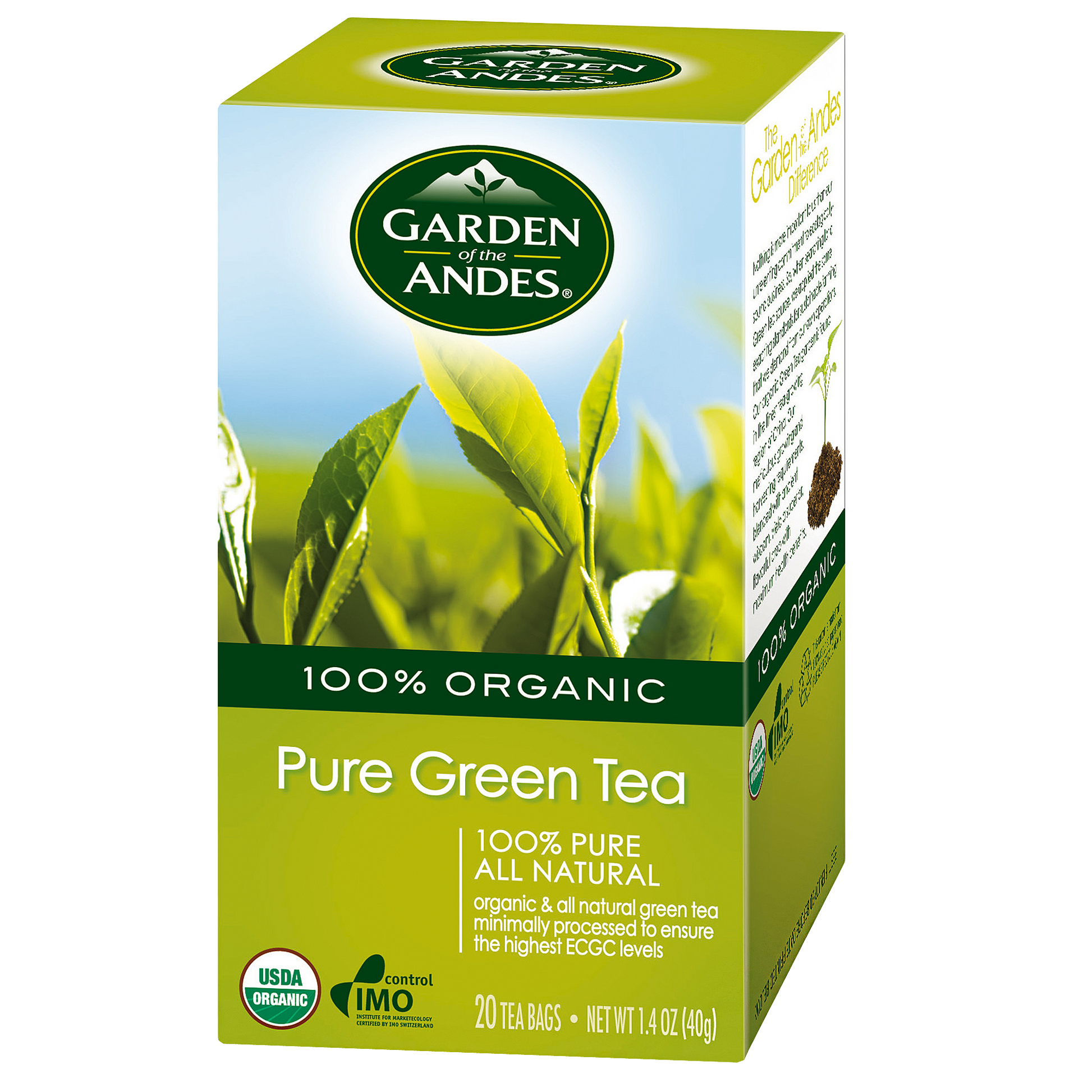 Box of Garden of the Andes Pure Green Tea, 20 bags, labeled 100% organic, with a green and white packaging.