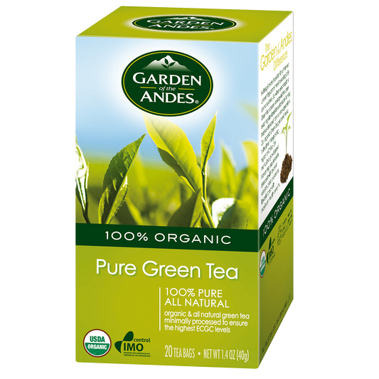 Box of Garden of the Andes Pure Green Tea, 20 bags, labeled 100% organic, with a green and white packaging.