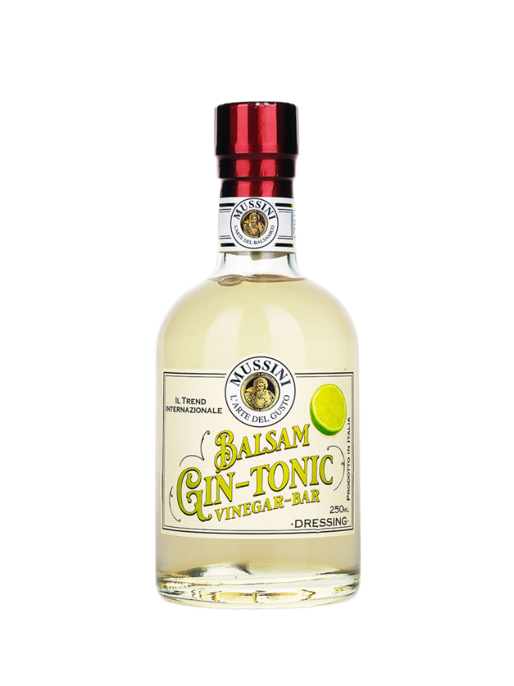 A bottle of Gin and Tonic Balsamic Vinegar by Mussini with a label that shows the product name and a lemon slice, indicating a flavored balsamic vinegar cocktail mix.