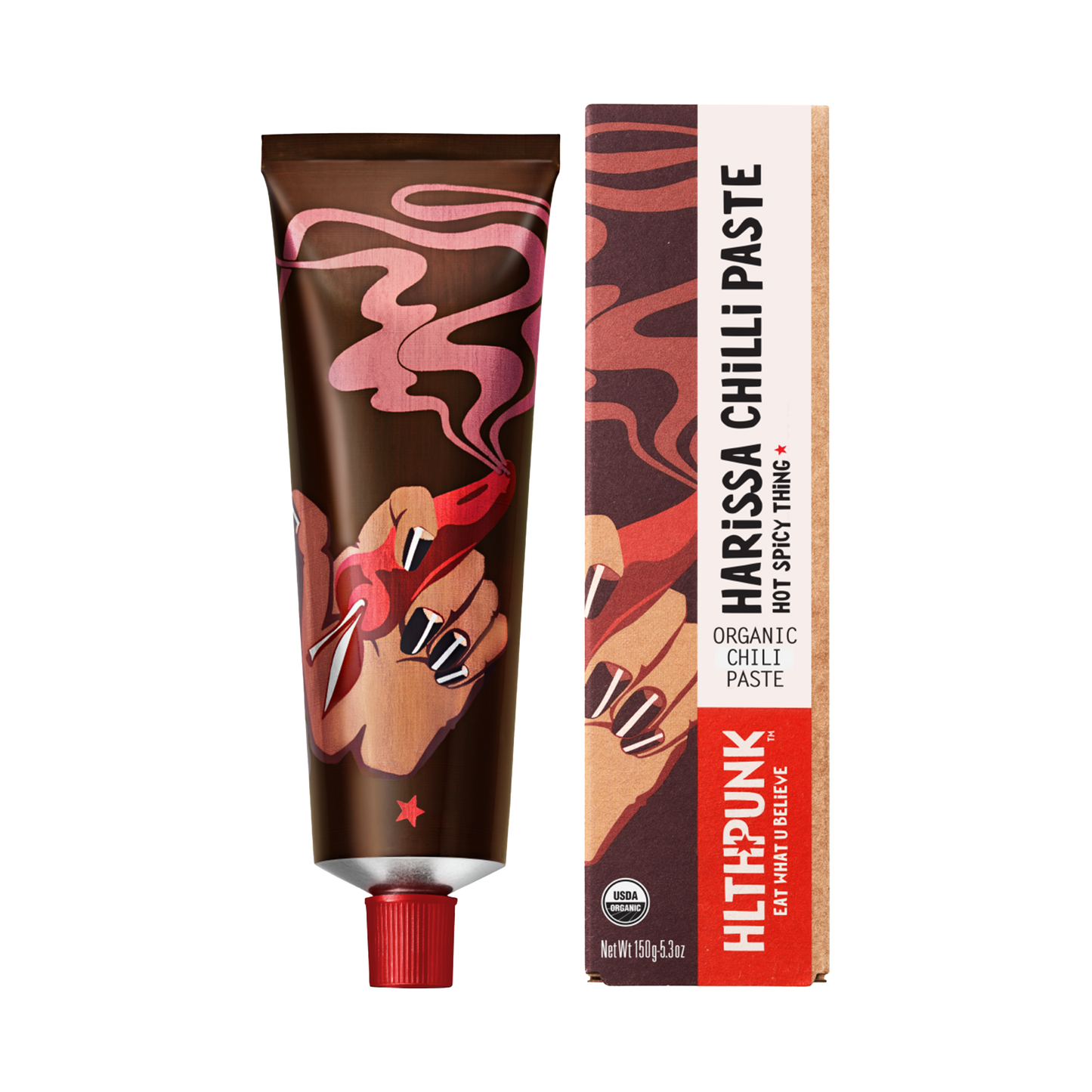 Packaging of Smoked Harissa Deep Spice, featuring a tube and box with red and orange colors and harissa paste illustration.