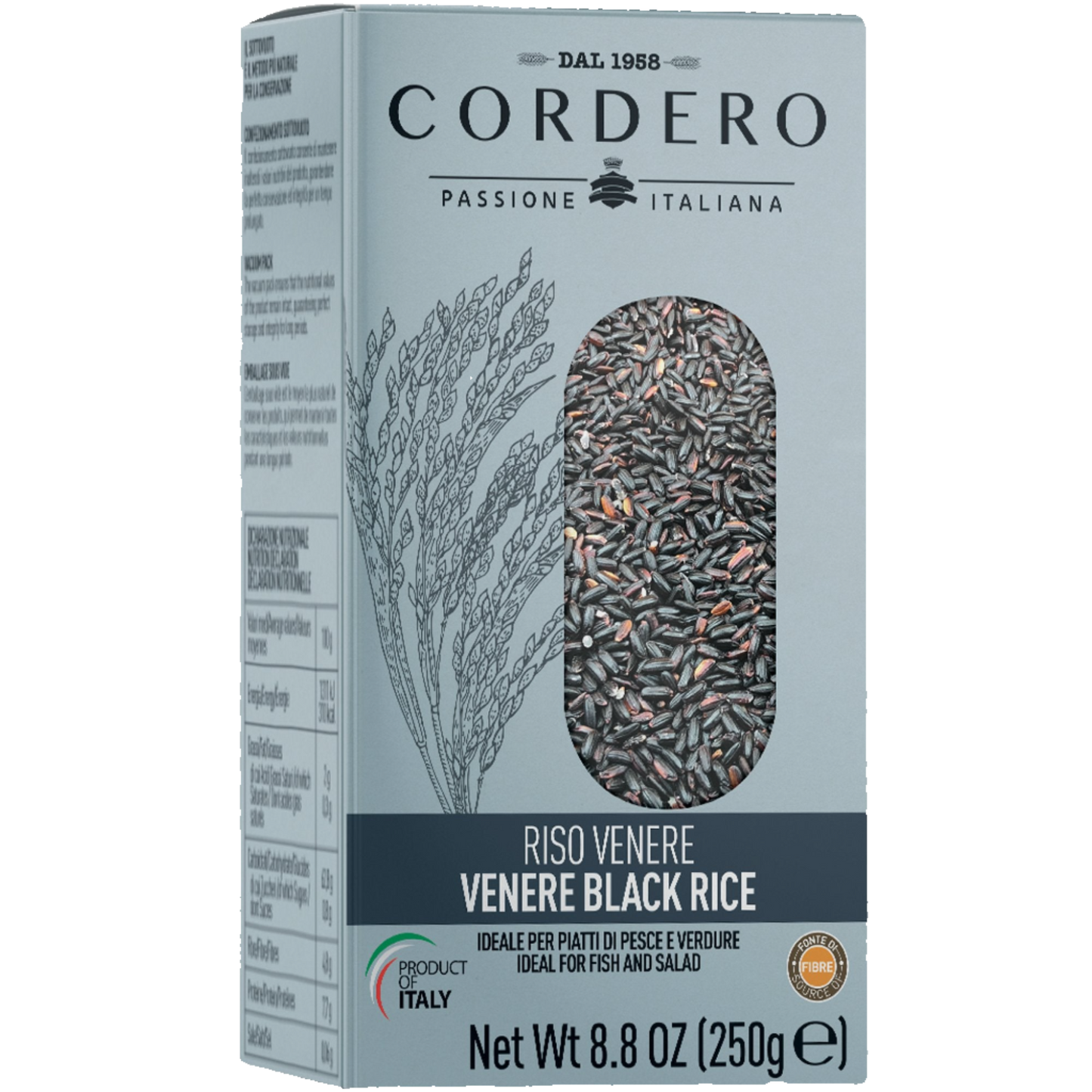 Packaging of Cordero Venere Black Rice, showing the rice grains through a transparent window and the product name on the label.