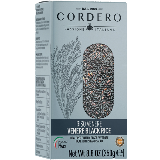 Packaging of Cordero Venere Black Rice, showing the rice grains through a transparent window and the product name on the label.