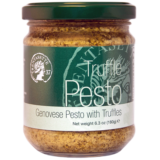 A jar of Genovese Pesto with Truffles by Truffaut, displaying the product name and weight of 6.35 oz (180 g) on the label.