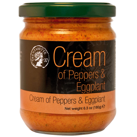 A jar of Cream of Peppers & Eggplant by Trentasette, with a visible label showing the product name and weight of 180g.