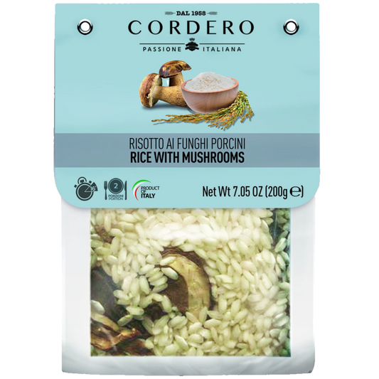 Packaging of Cordero Risotto ai Funghi Porcini with mushrooms, 7.05oz (200gm) size, displayed in a clear plastic wrapping.