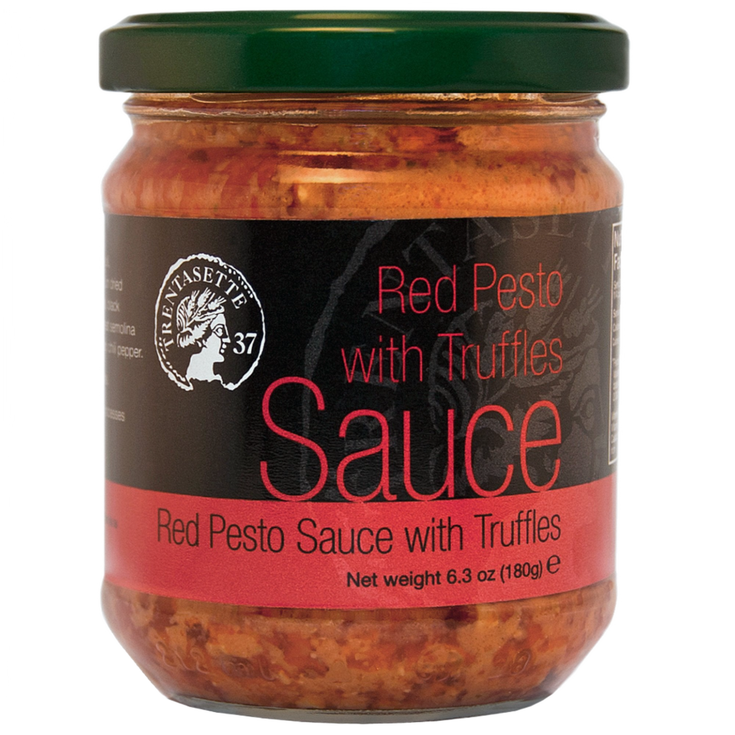 A jar of Red Pesto Sauce with Truffles. The label indicates the product weight of 180g and branding details.