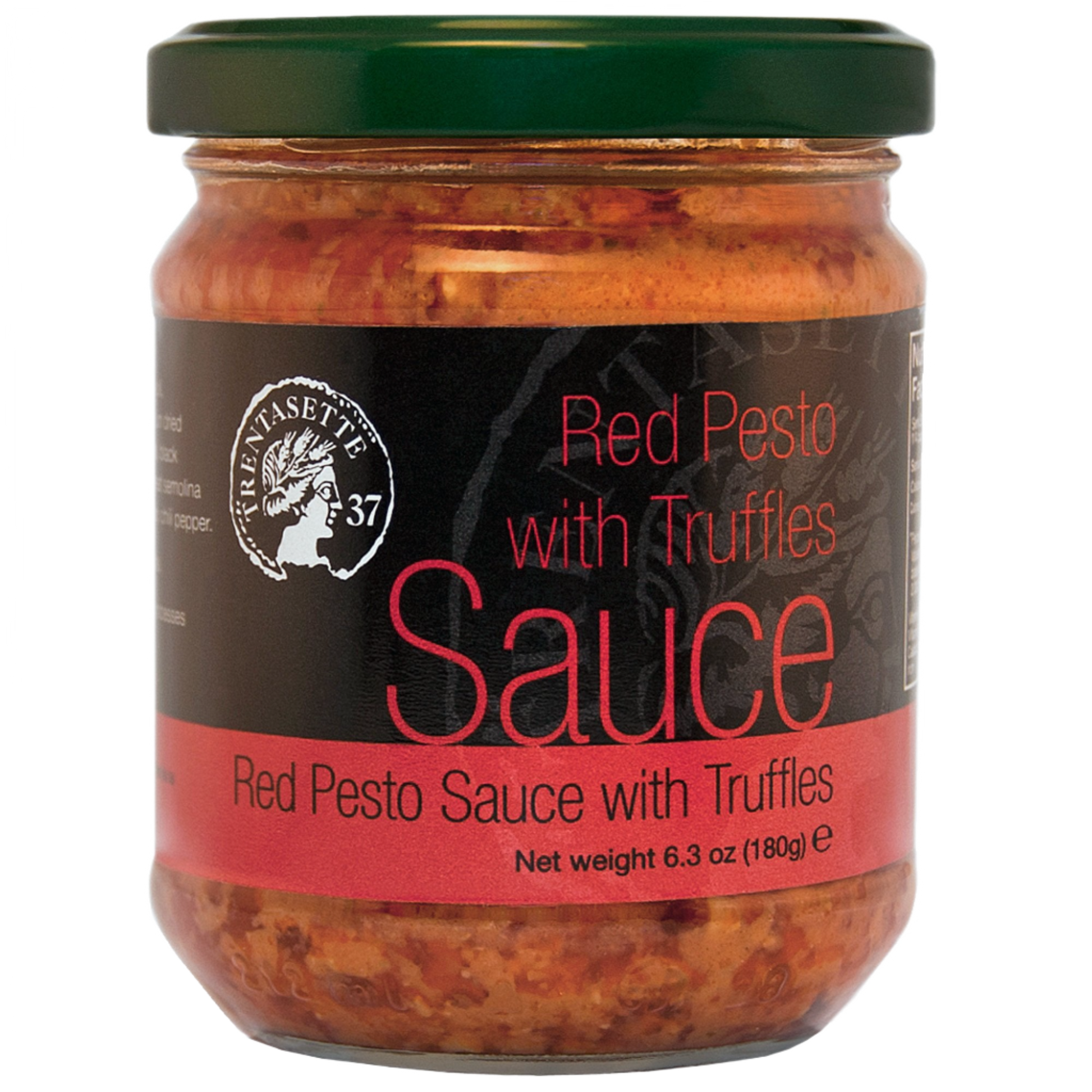A jar of Red Pesto Sauce with Truffles. The label indicates the product weight of 180g and branding details.
