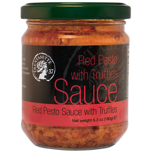 A jar of Red Pesto Sauce with Truffles. The label indicates the product weight of 180g and branding details.