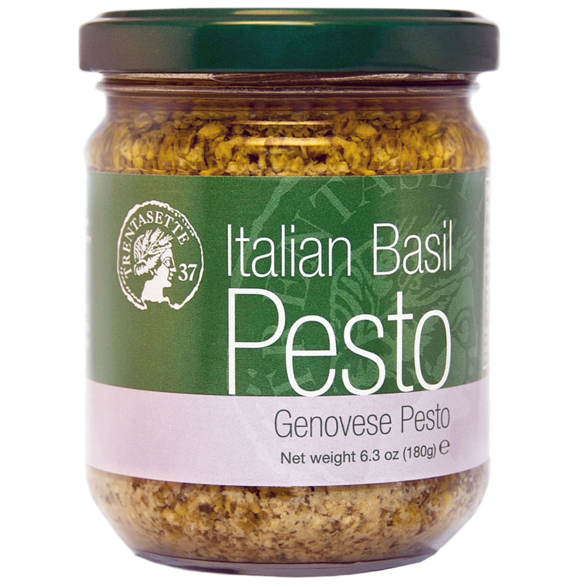 A jar of Italian Basil Pesto Genovese, with a green label and visible basil leaves.