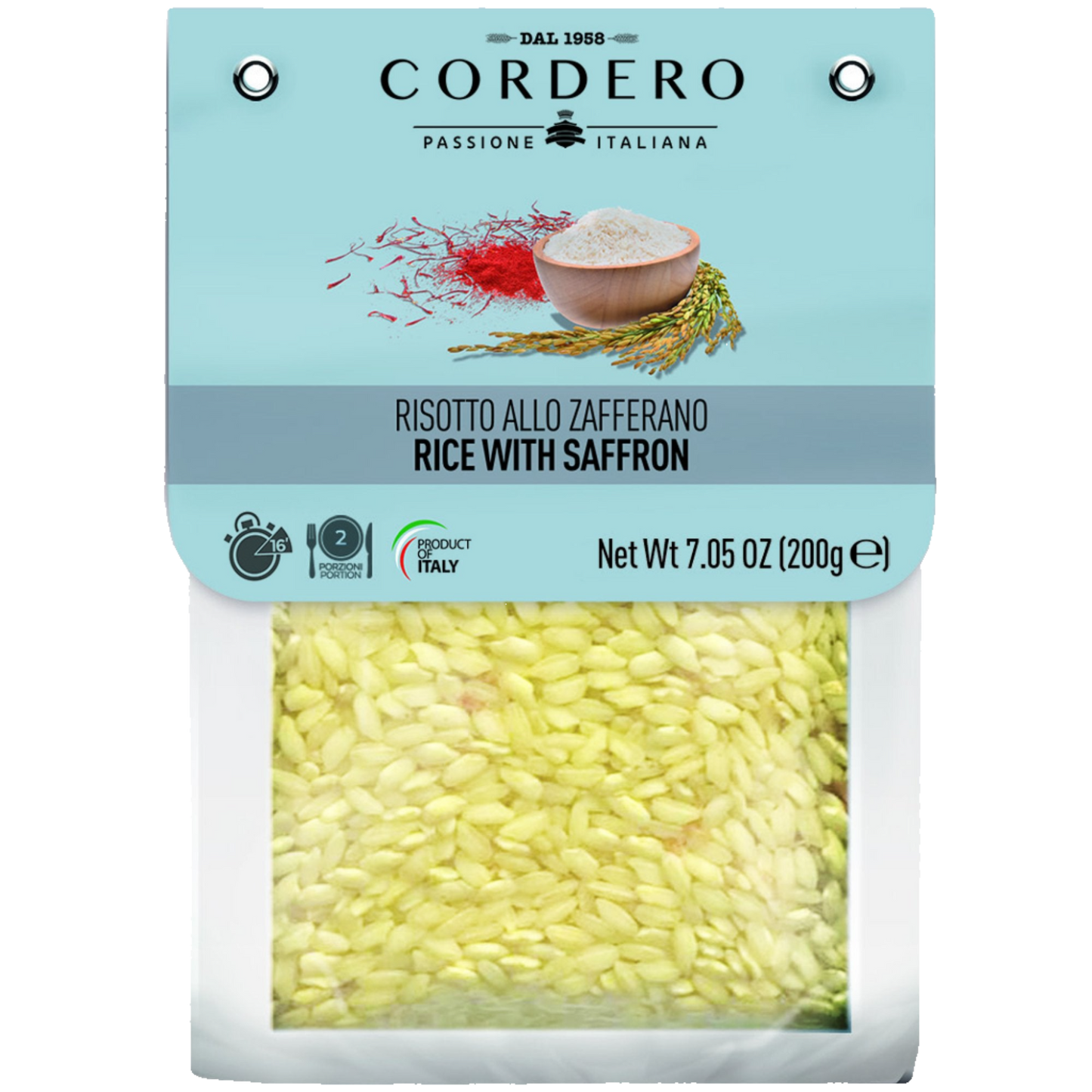 Packaging of Cordero Risotto rice with saffron, showing the product through a transparent window, with Italian flag colors and text.