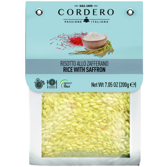 Packaging of Cordero Risotto rice with saffron, showing the product through a transparent window, with Italian flag colors and text.