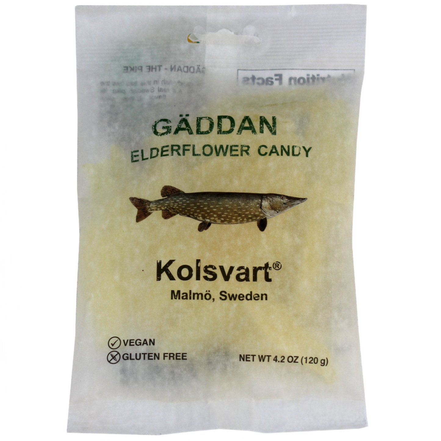 Packaging of Kolsvart Elderflower Flavored Pike Fish Candy, with branding and product information displayed.