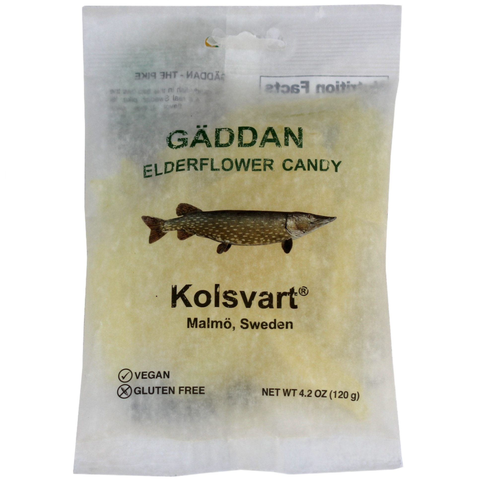 Packaging of Kolsvart Elderflower Flavored Pike Fish Candy, with branding and product information displayed.