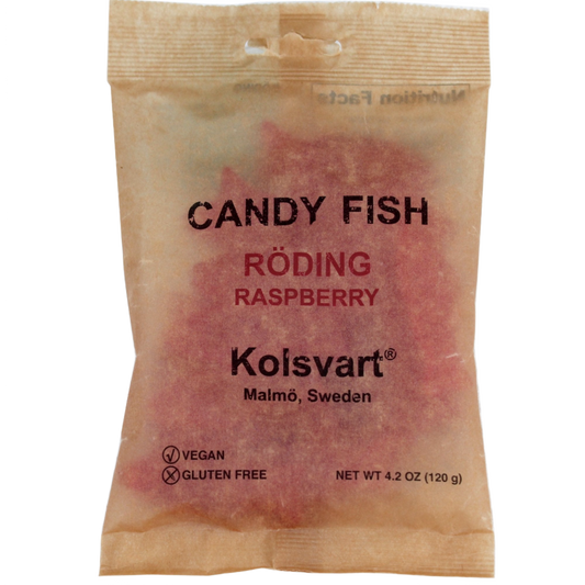 Bag of Authentic Kolsvart Swedish Candy Fish Raspberry Flavored Vegan Gluten Free