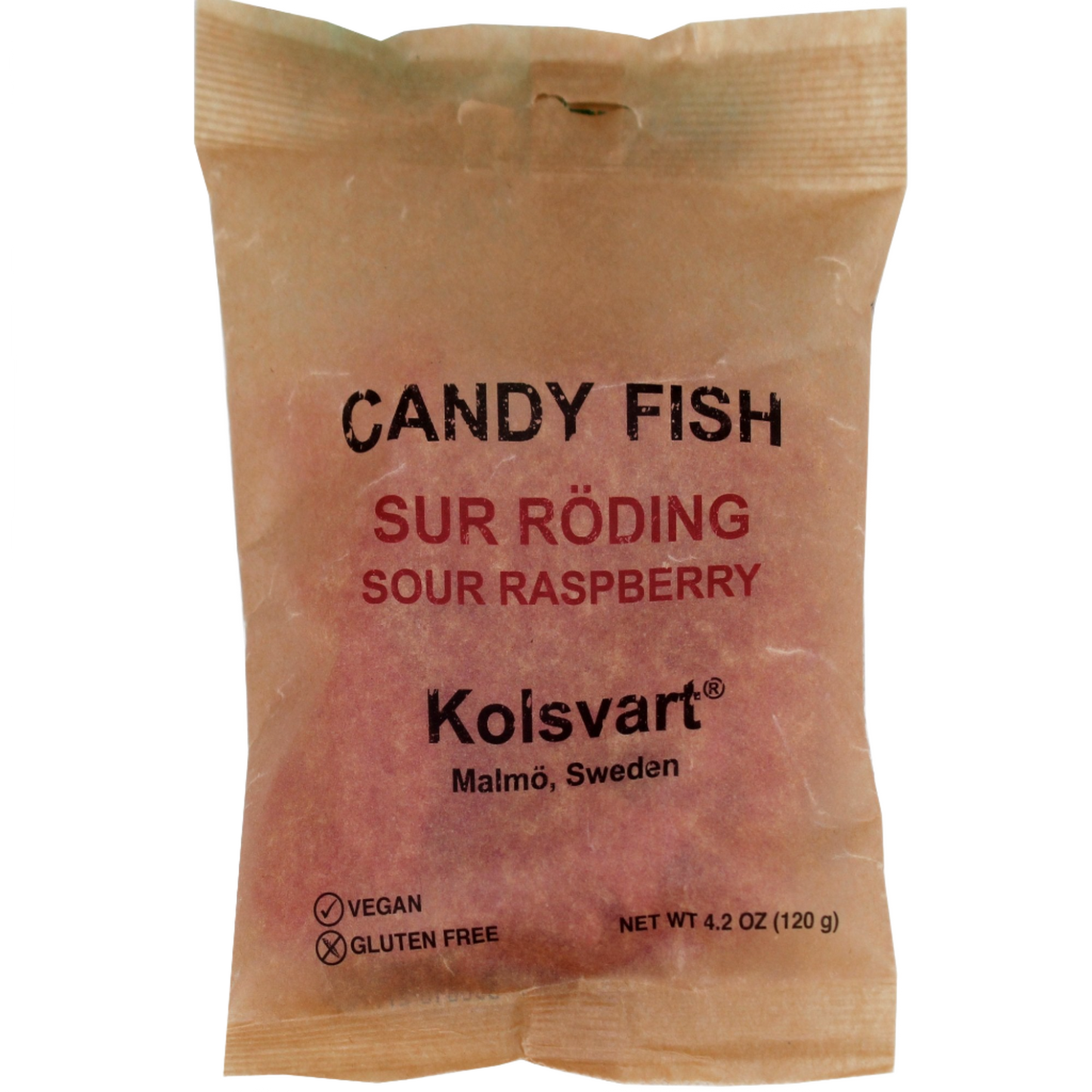 Packaging of Kolsvart Sour Raspberry Swedish Fish, with a clear window showing the raspberry-flavored candy inside. The package is labeled with various dietary claims such as vegan, gluten-free, and preservative-free.