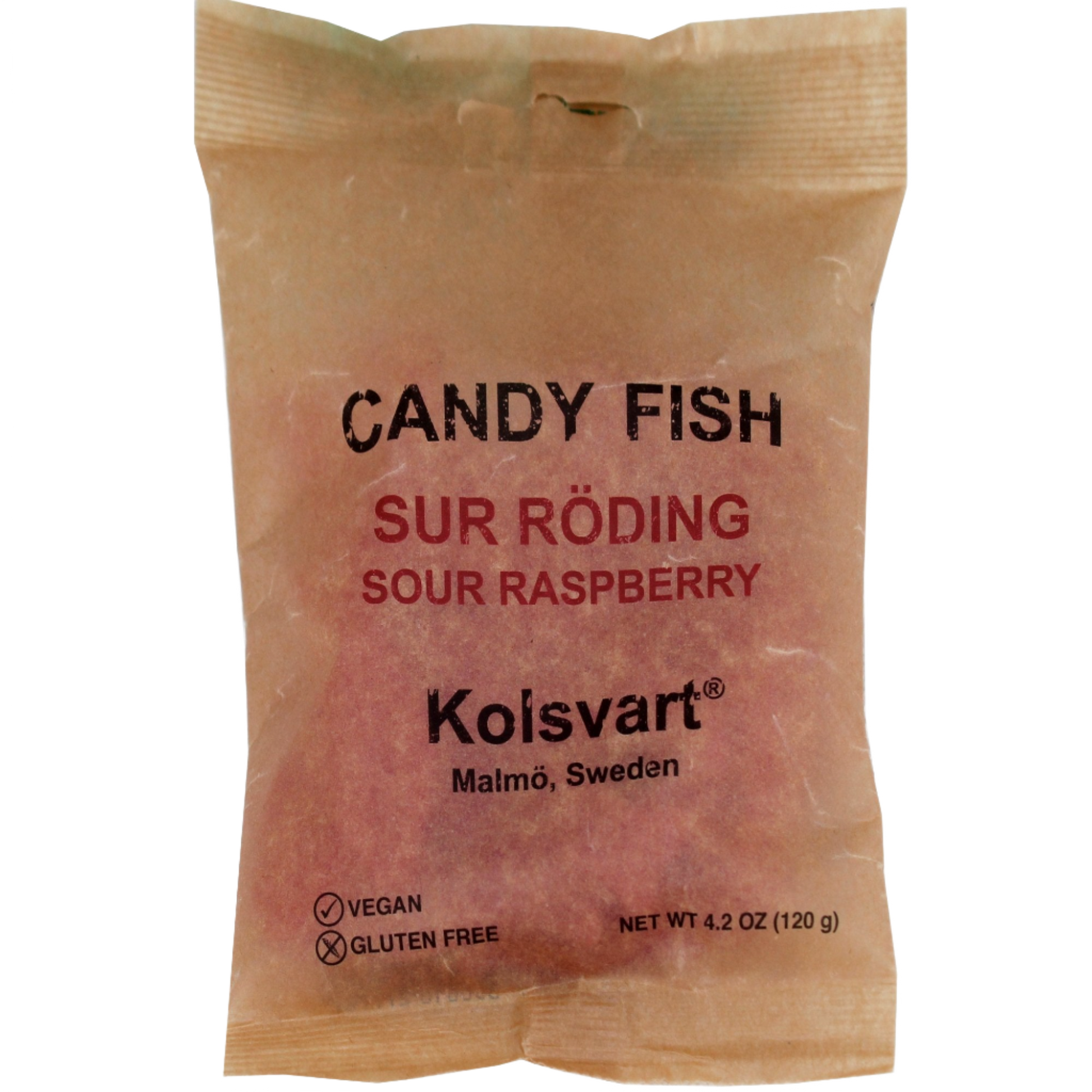 Packaging of Kolsvart Sour Raspberry Swedish Fish, with a clear window showing the raspberry-flavored candy inside. The package is labeled with various dietary claims such as vegan, gluten-free, and preservative-free.