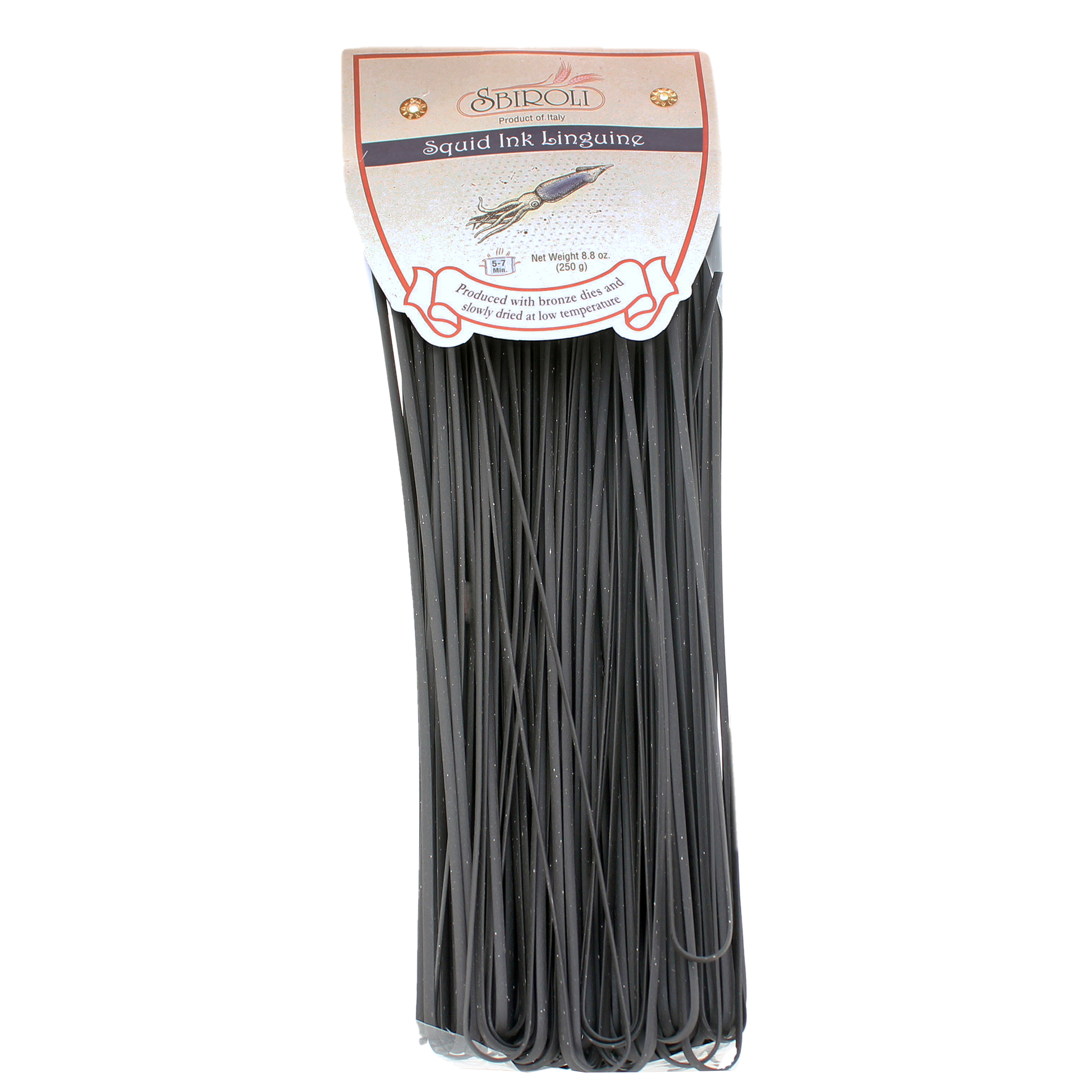 Pack of Squid Ink Linguine Pasta in a clear plastic packaging with branding and product information visible.