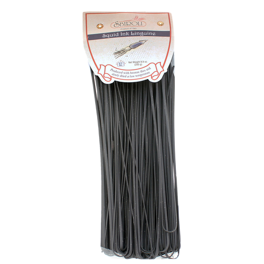 Pack of Squid Ink Linguine Pasta in a clear plastic packaging with branding and product information visible.
