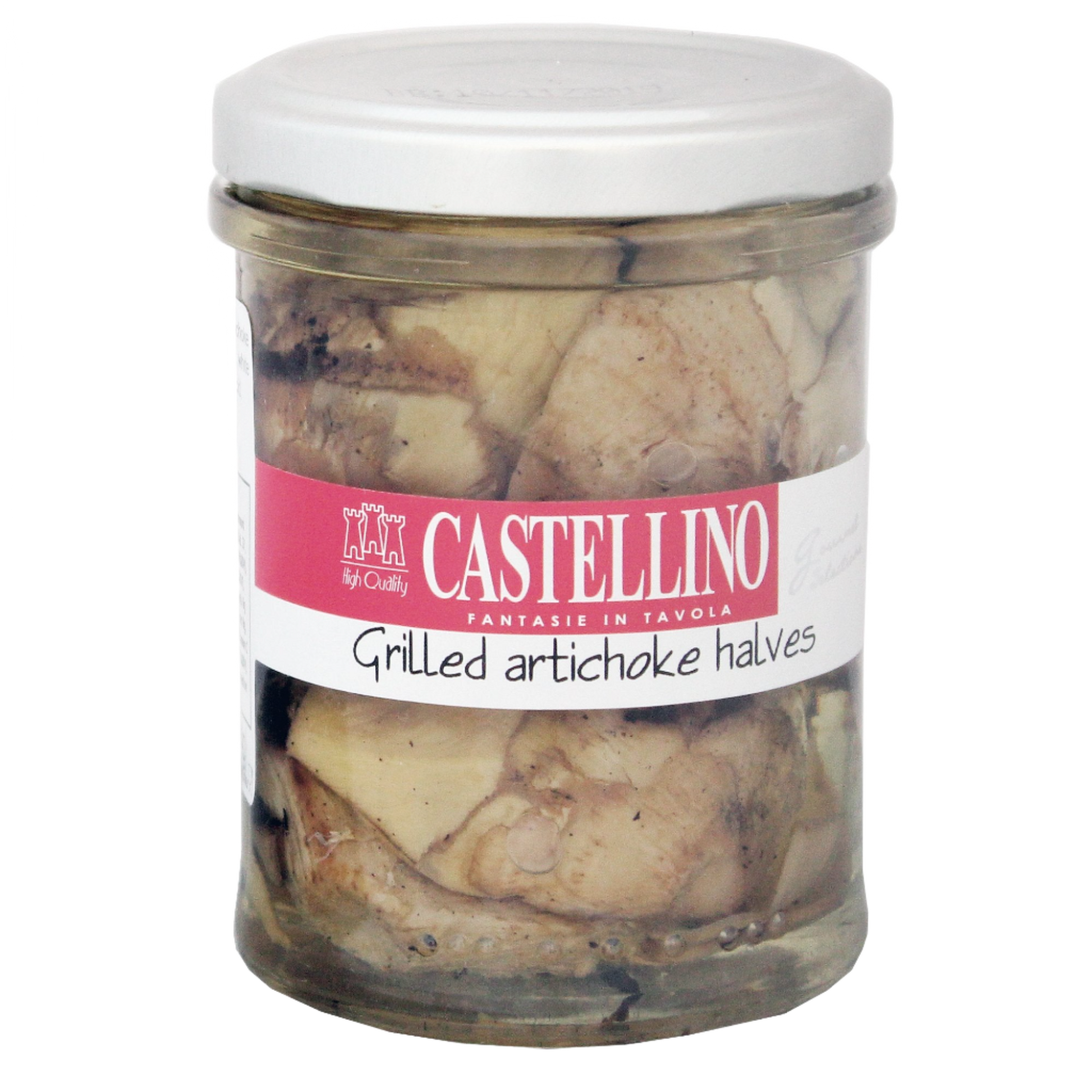 Jar of grilled artichoke halves with the brand 'Castellino' visible on the label.