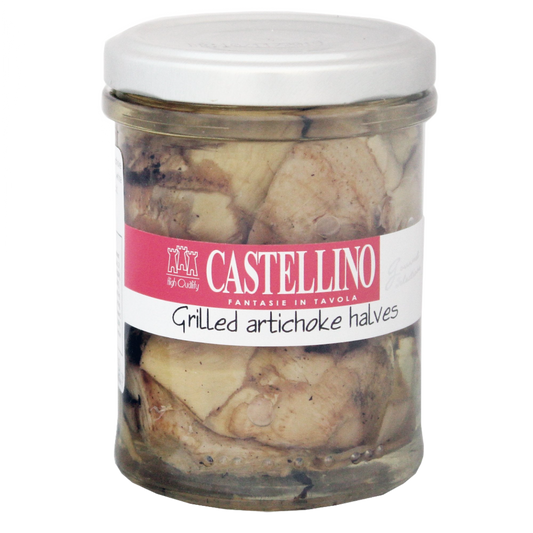 Jar of grilled artichoke halves with the brand 'Castellino' visible on the label.