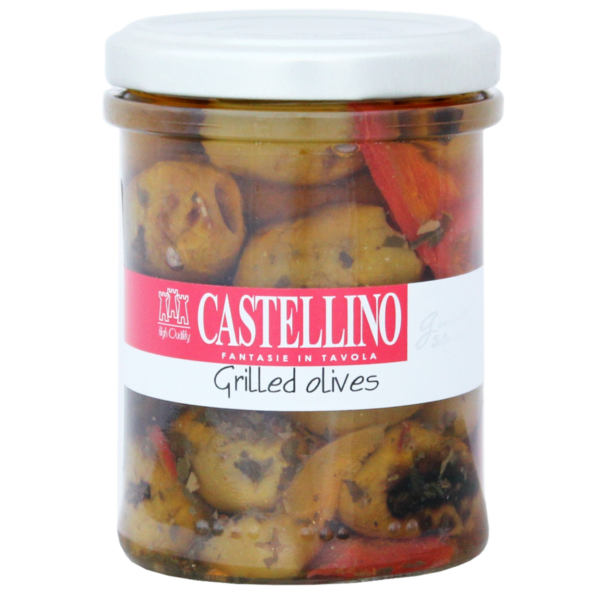 A clear glass jar containing grilled olives, with red and yellow peppers, and Italian spices. The label displays the brand 'Castellino' and the product name 'Grilled Olives'.